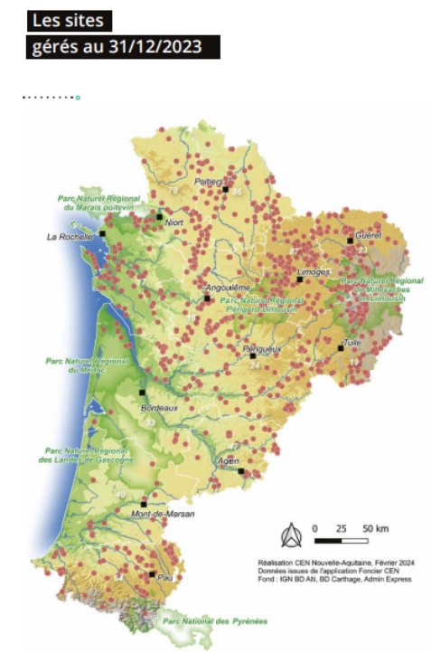 Carte des sites gérés par le CEN Nouvelle-Aquitaine